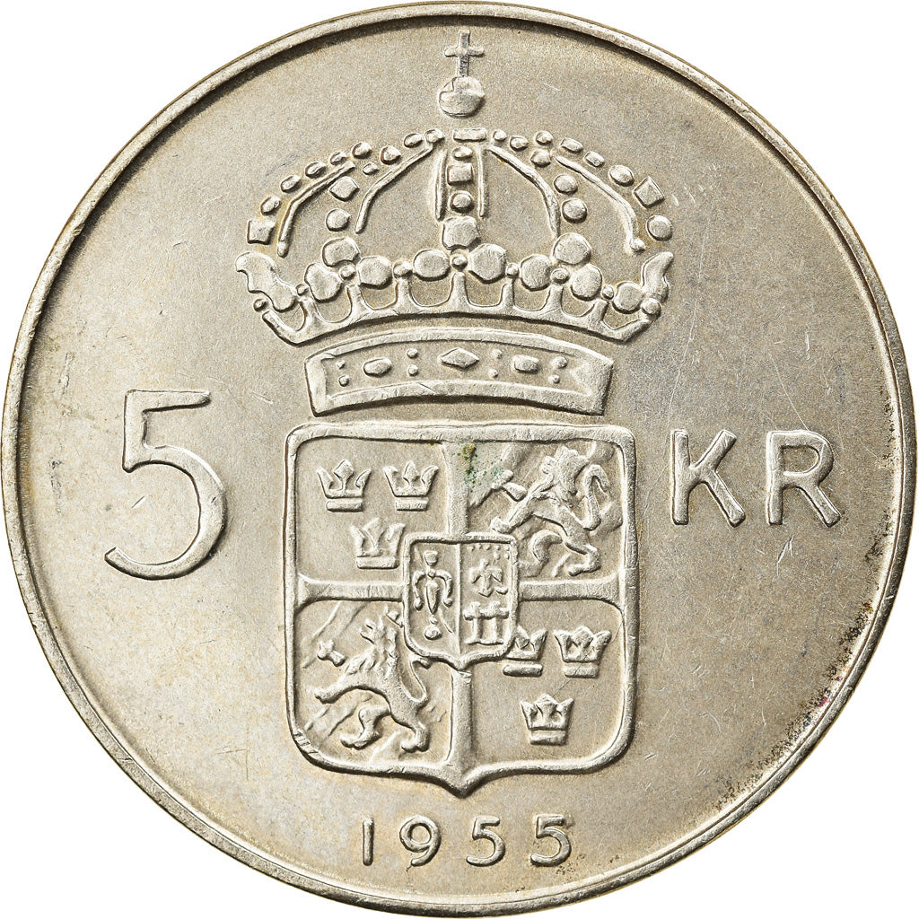Coin, Sweden, Gustaf VI, 5 Kronor, 1955, MS(60-62), Silver, KM:829