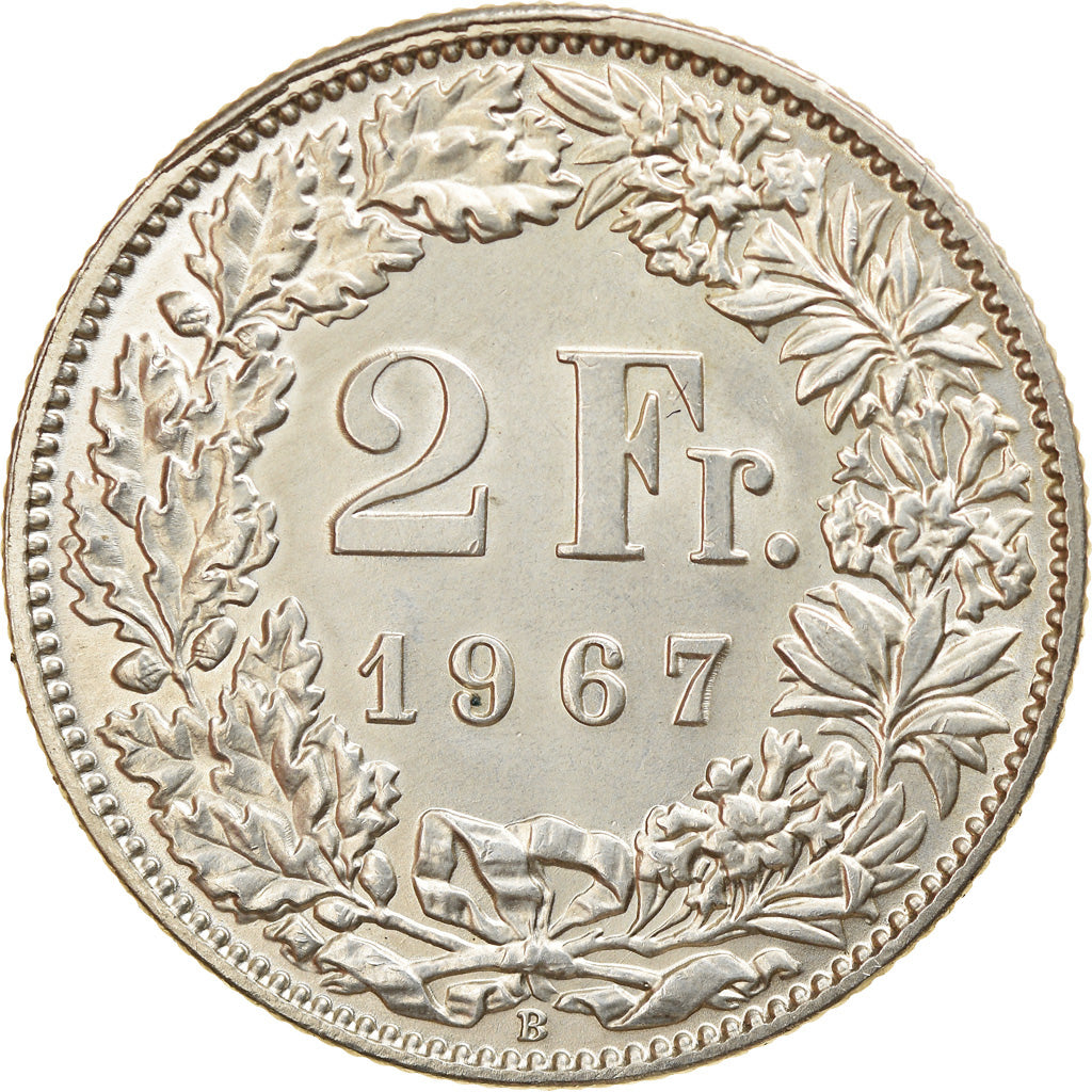 Coin, Switzerland, 2 Francs, 1967, Bern, MS(60-62), Silver, KM:21