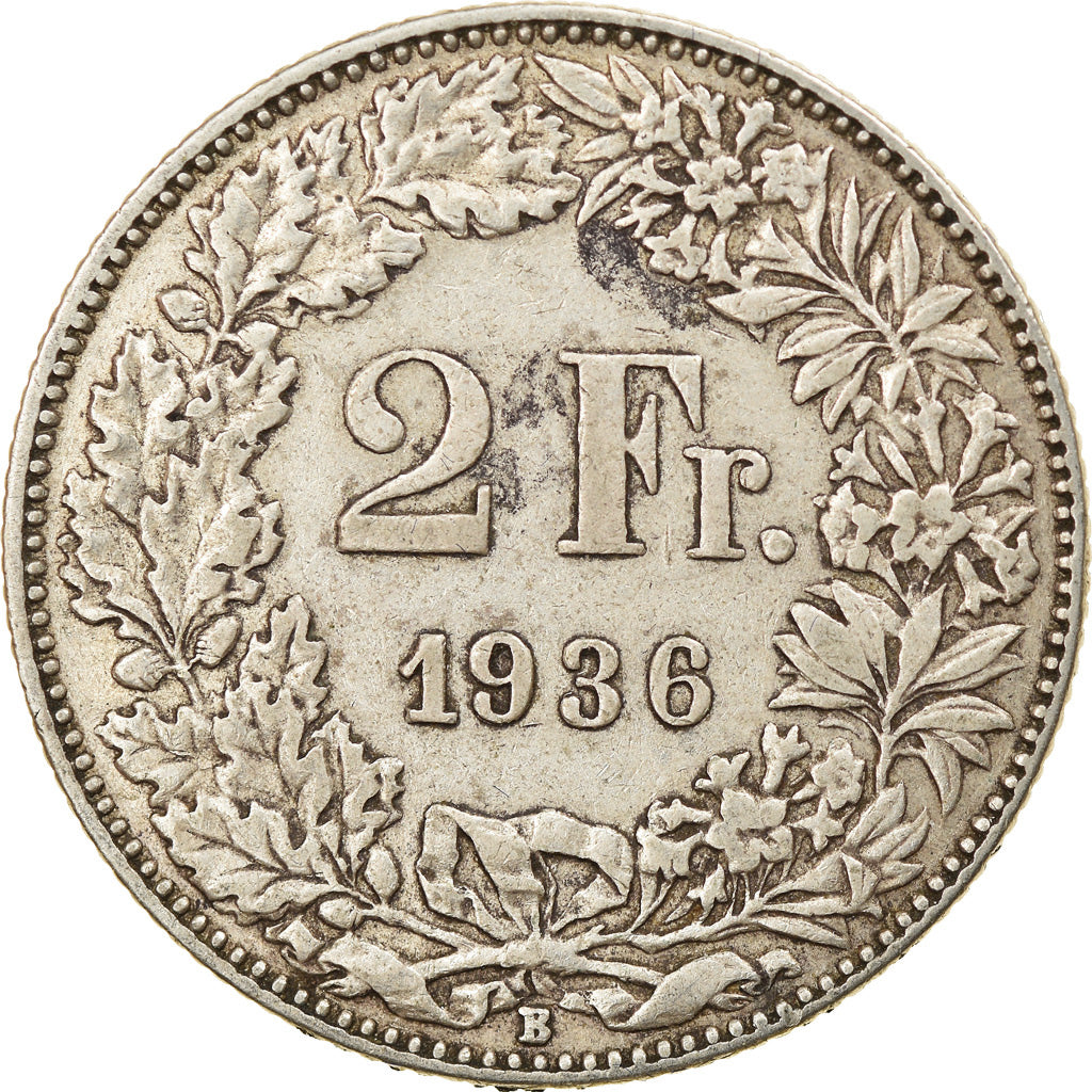 Coin, Switzerland, 2 Francs, 1936, Bern, VF(30-35), Silver, KM:21