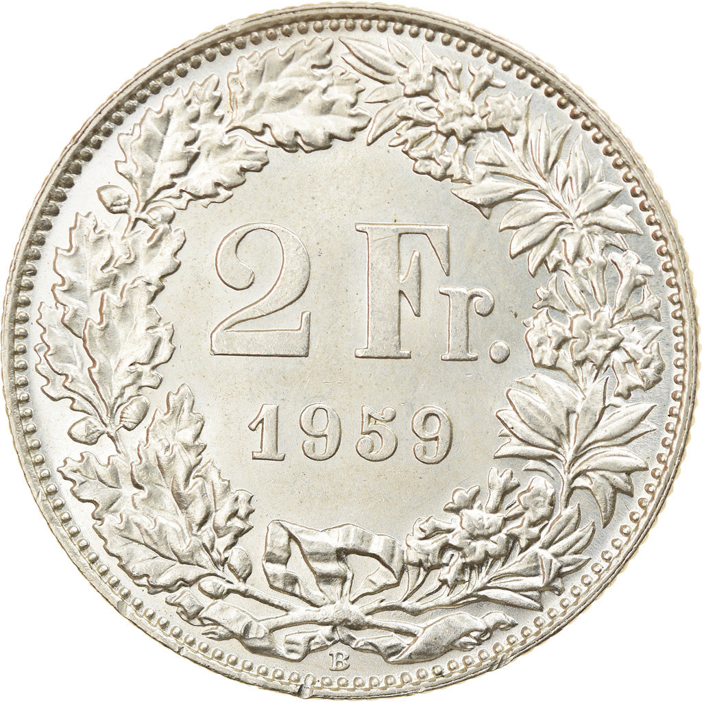 Coin, Switzerland, 2 Francs, 1959, Bern, MS(60-62), Silver, KM:21
