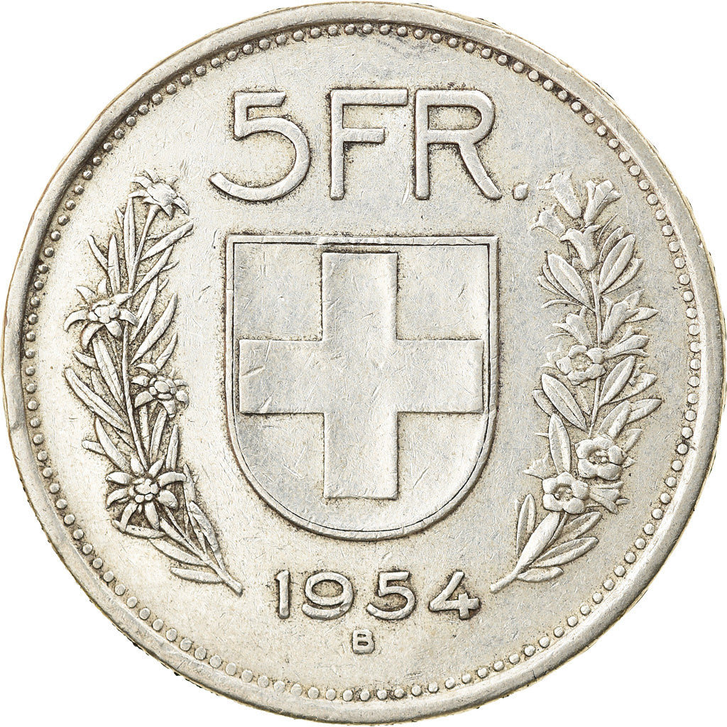 Coin, Switzerland, 5 Francs, 1954, Bern, EF(40-45), Silver, KM:40