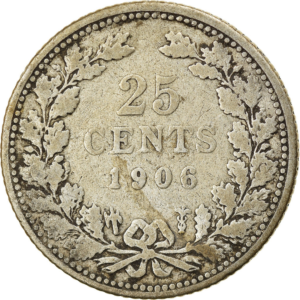 Moneta, Paesi Bassi, Wilhelmina I, 25 Cents, 1906, MB+, Argento, KM:120.2
