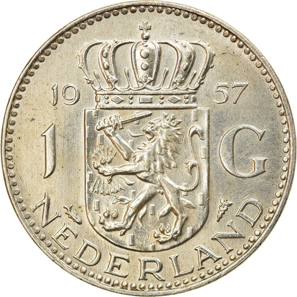 Coin, Netherlands, Juliana, Gulden, 1957, AU(55-58), Silver, KM:184