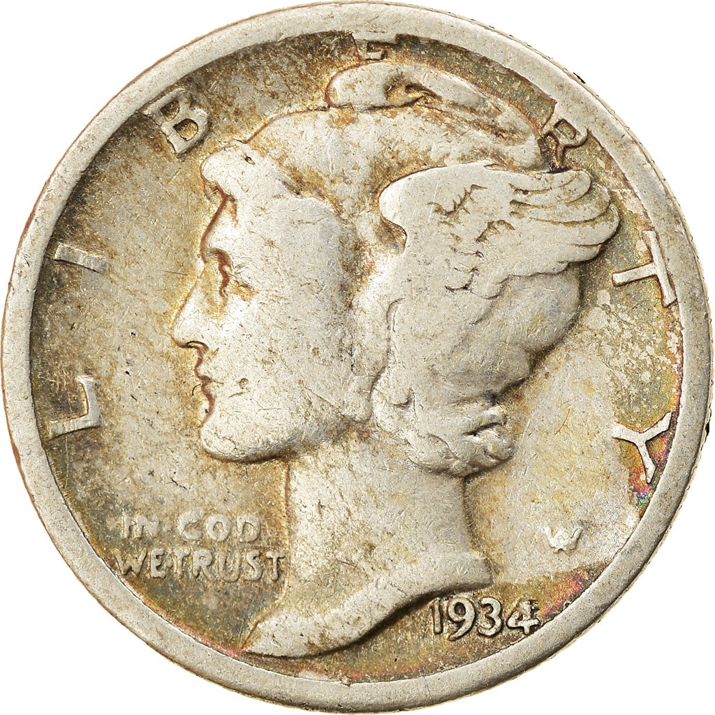 Coin, United States, Mercury Dime, Dime, 1934, U.S. Mint, Philadelphia