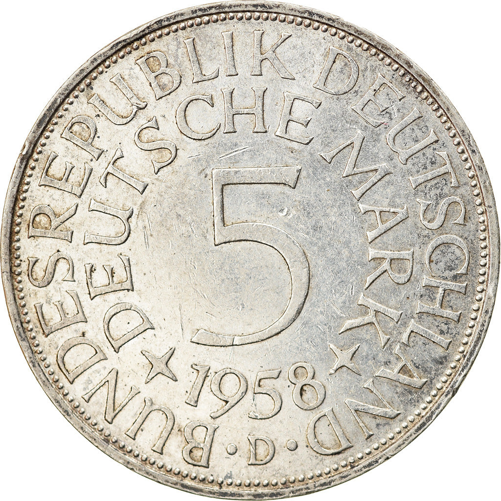 Coin, GERMANY - FEDERAL REPUBLIC, 5 Mark, 1958, Munich, EF(40-45), Silver