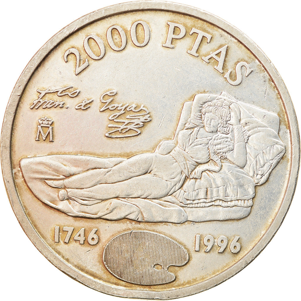 Coin, Spain, Juan Carlos I, Goya, 2000 Pesetas, 1996, AU(50-53), Silver, KM:968