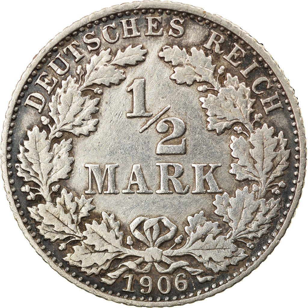 Coin, GERMANY - EMPIRE, 1/2 Mark, 1906, Munich, VF(30-35), Silver, KM:17