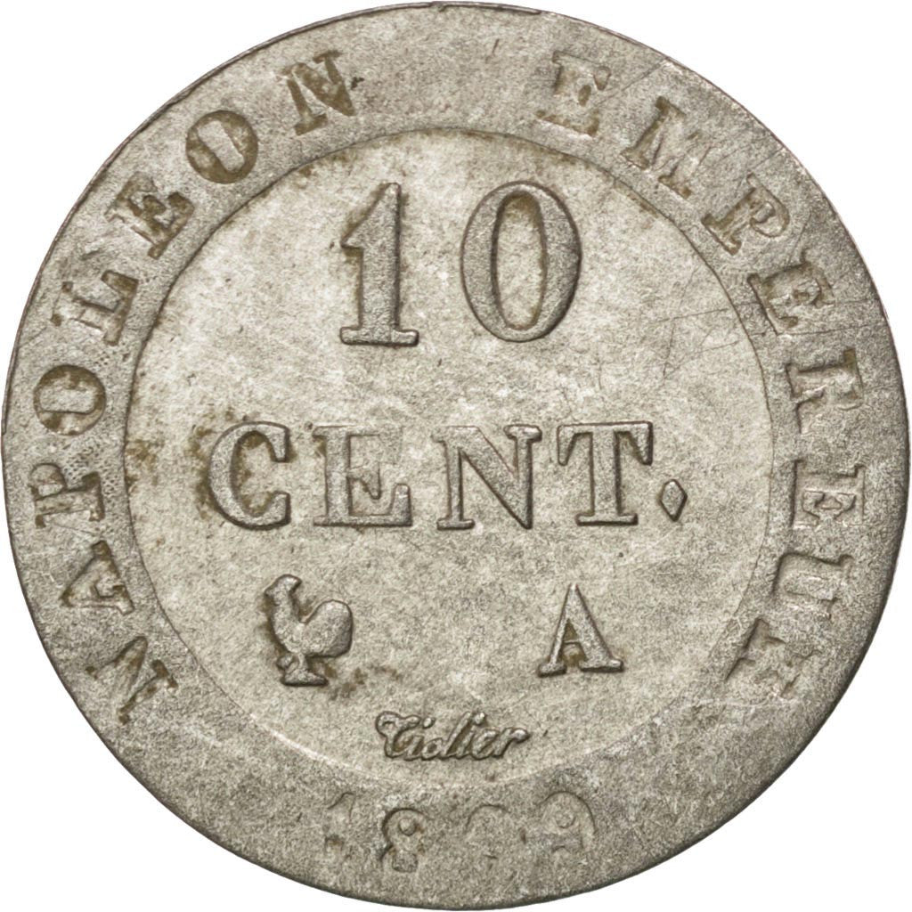 FRANCE, Napoléon I, 10 Centimes, 1809, Paris, KM #676.1, AU(50-53), Billon, G...