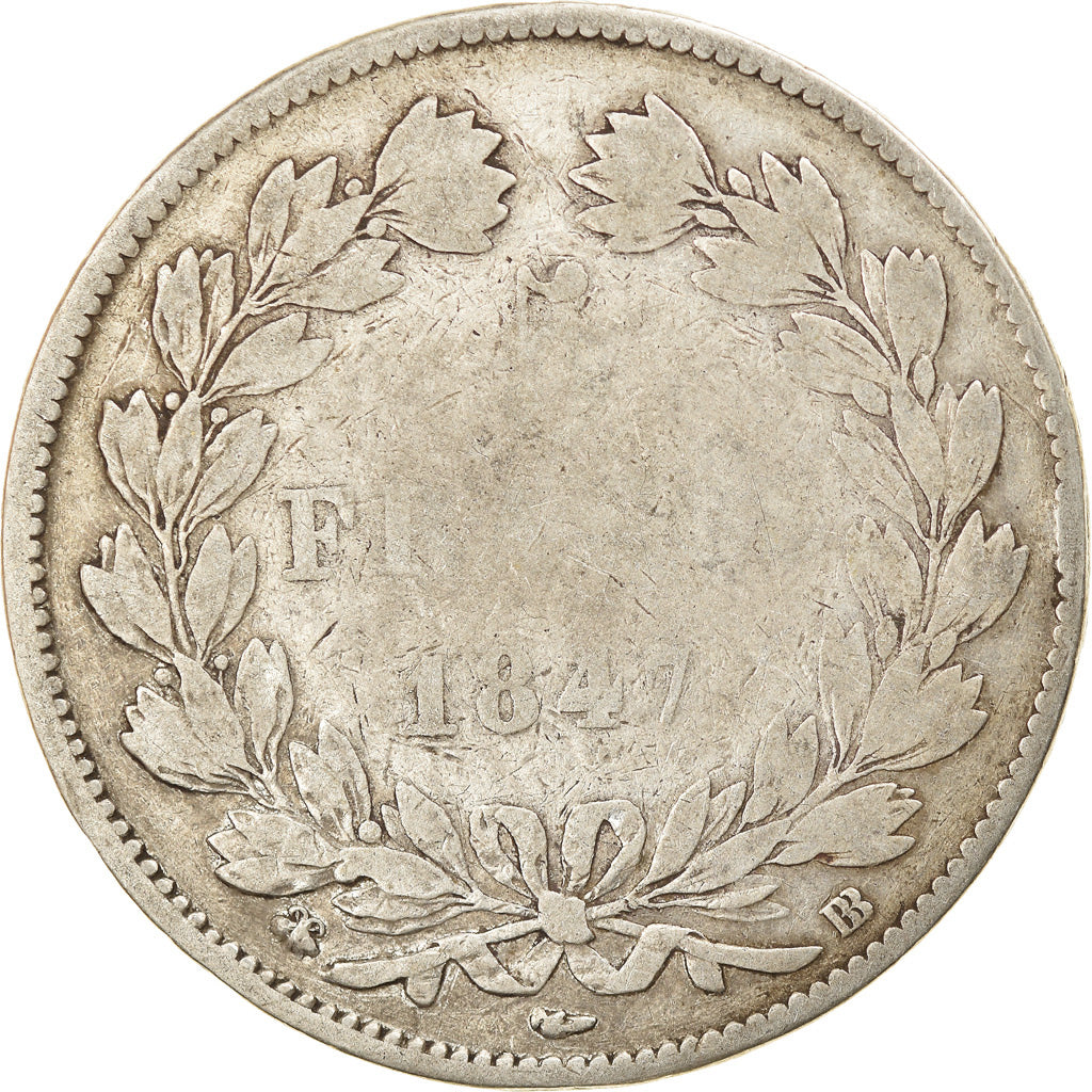 Moneda, Francia, Louis-Philippe, 5 Francs, 1847, Strasbourg, BC, Plata, KM:749.3