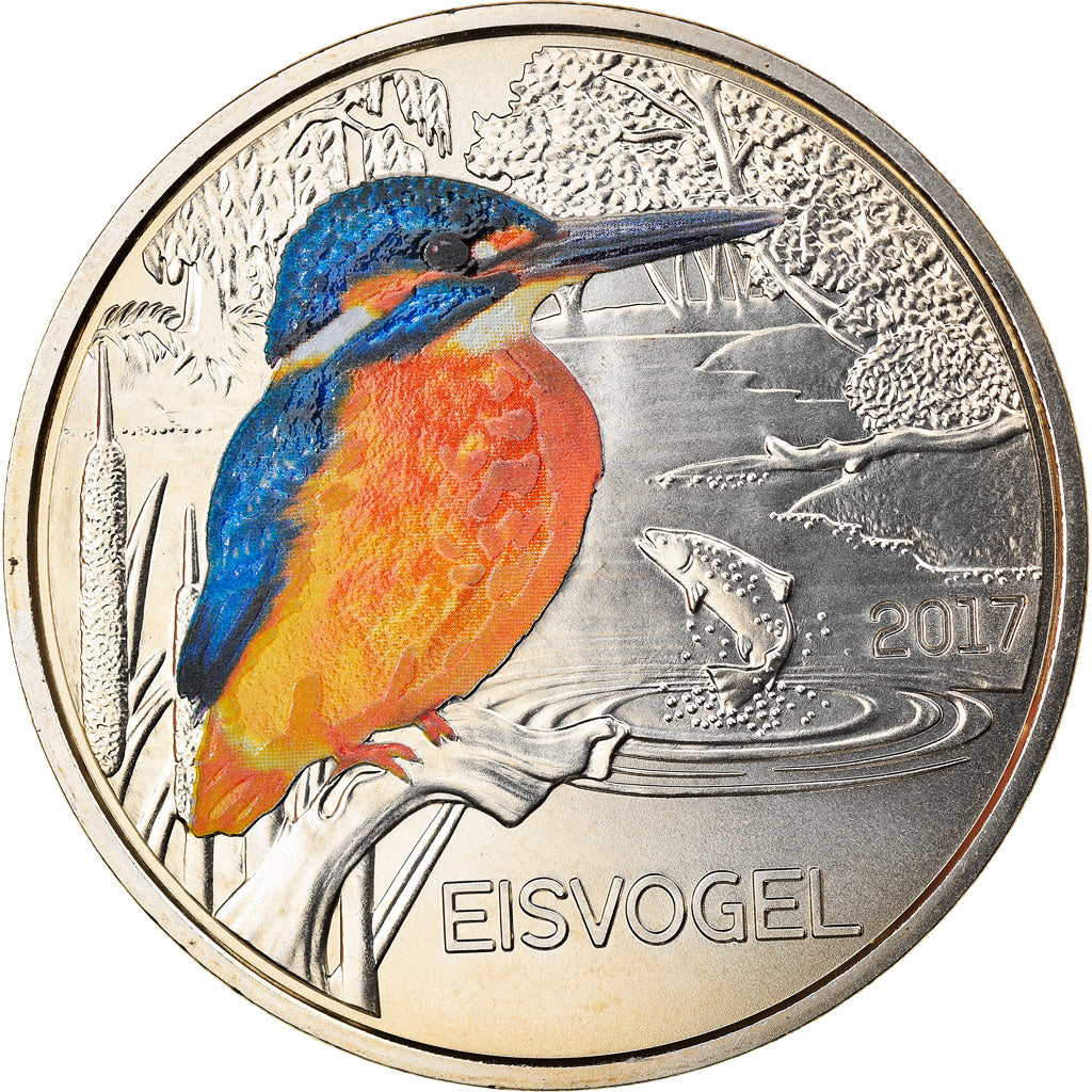 Austria, 3 Euro, The Kingfisher, 2017, Colourized, MS(65-70), Copper-nickel