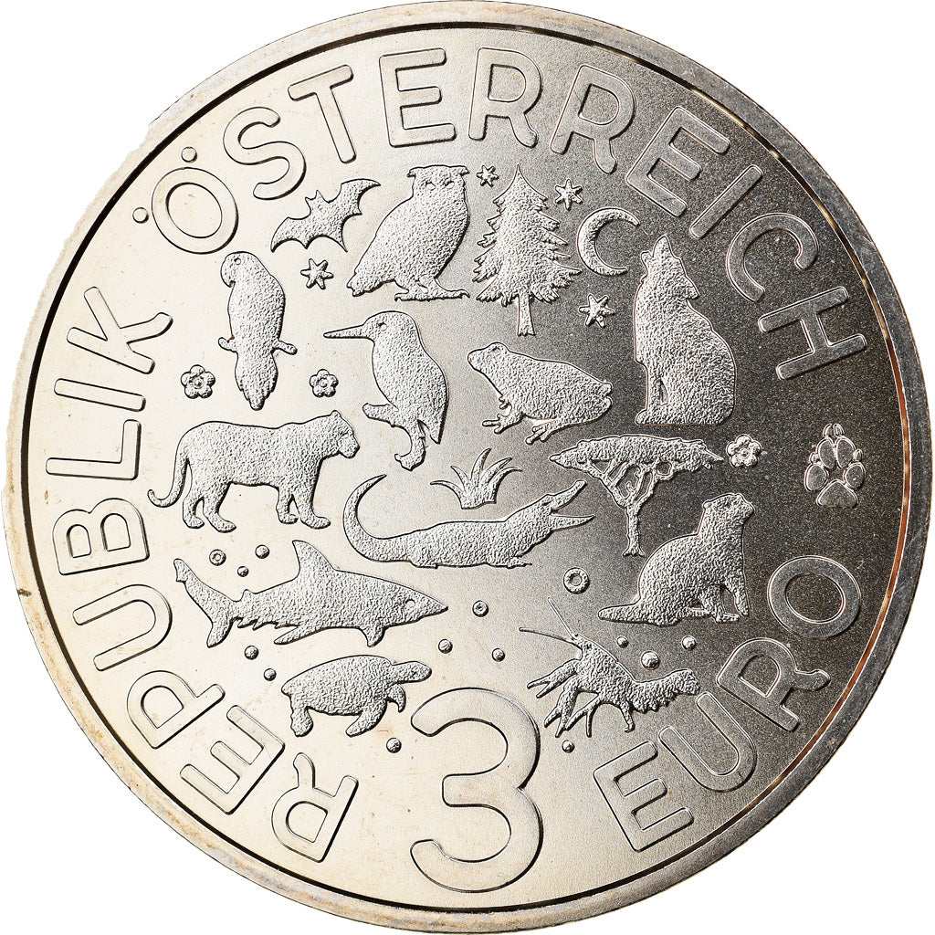 Austria, 3 Euro, The Tiger, 2017, Colourized, MS(65-70), Copper-nickel