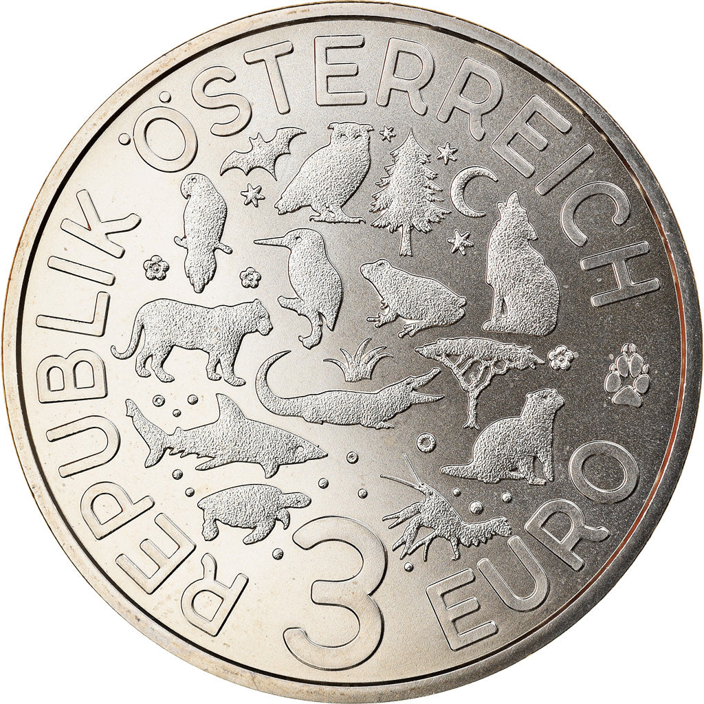 Austria, 3 Euro, The Parrot, 2018, Colourized, MS(65-70), Copper-nickel
