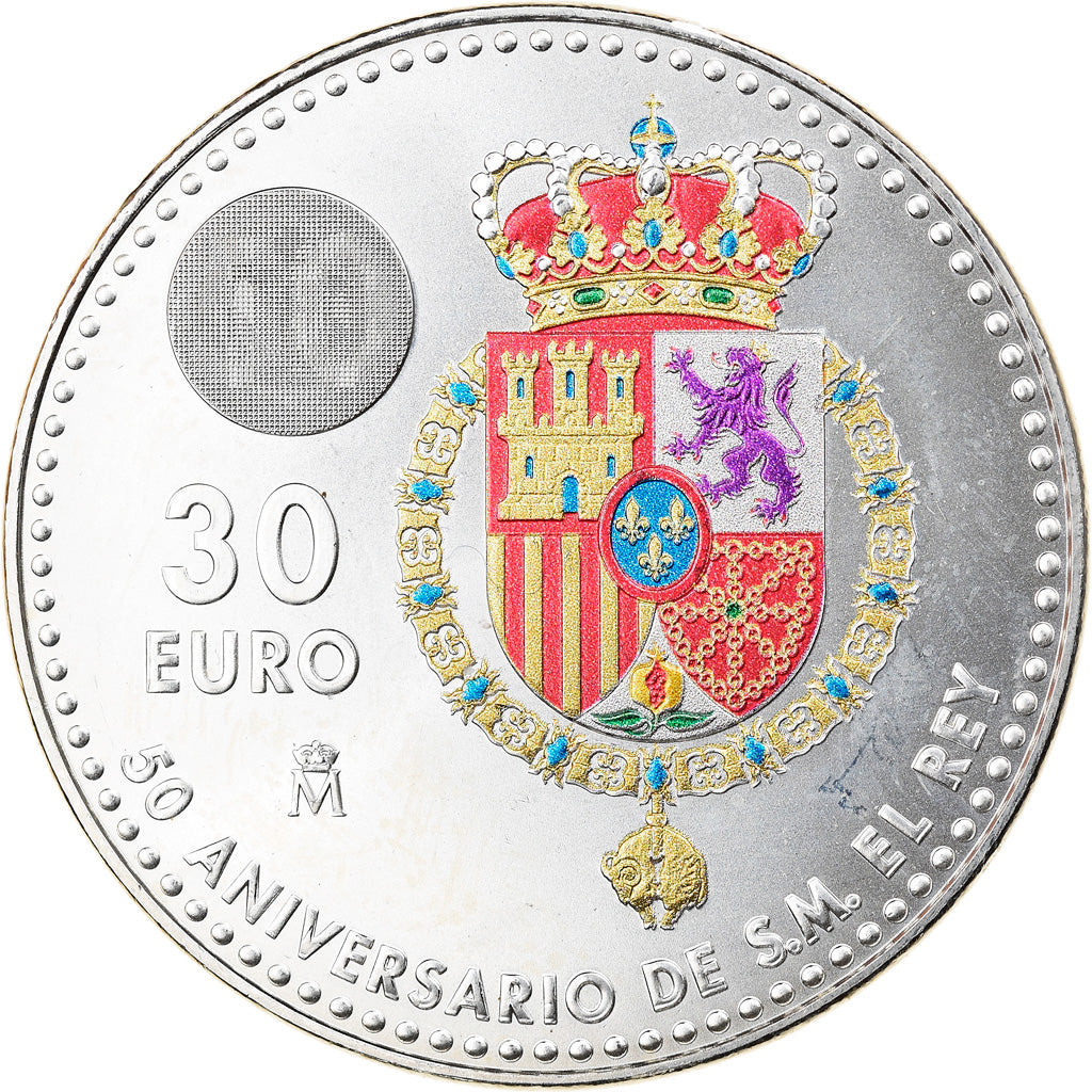 España, 30 Euro, 50th Birthday of King Felipe VI, 2018, Colourized, FDC, Plata