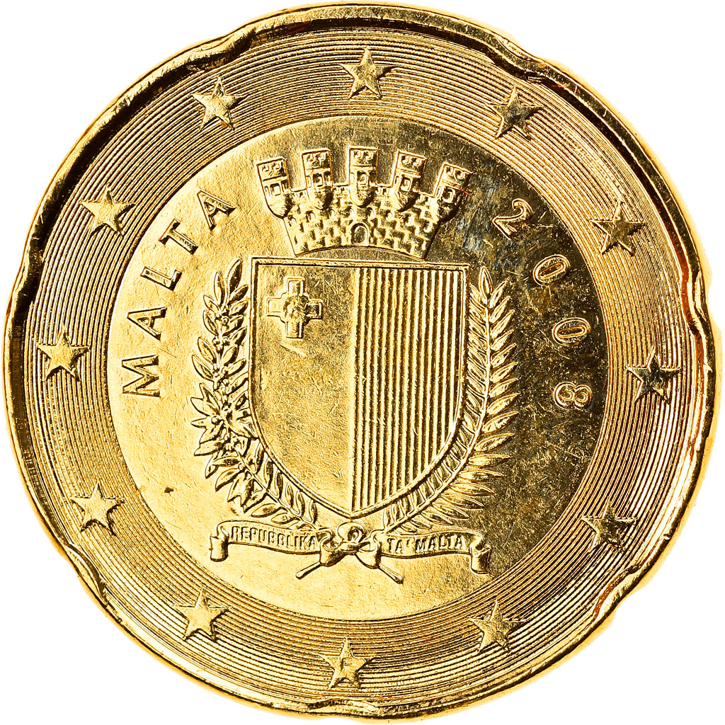 Malta, 20 Euro Cent, 2008, Paris, gold-plated coin, MS(63), Mosiądz, KM:129