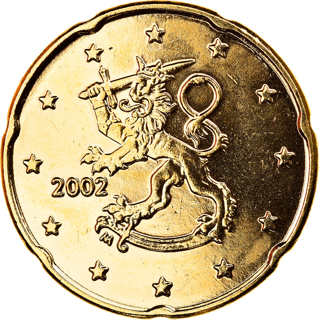 Finland, 20 Euro Cent, 2002, Vantaa, gold-plated coin, MS(65-70), Brass, KM:102