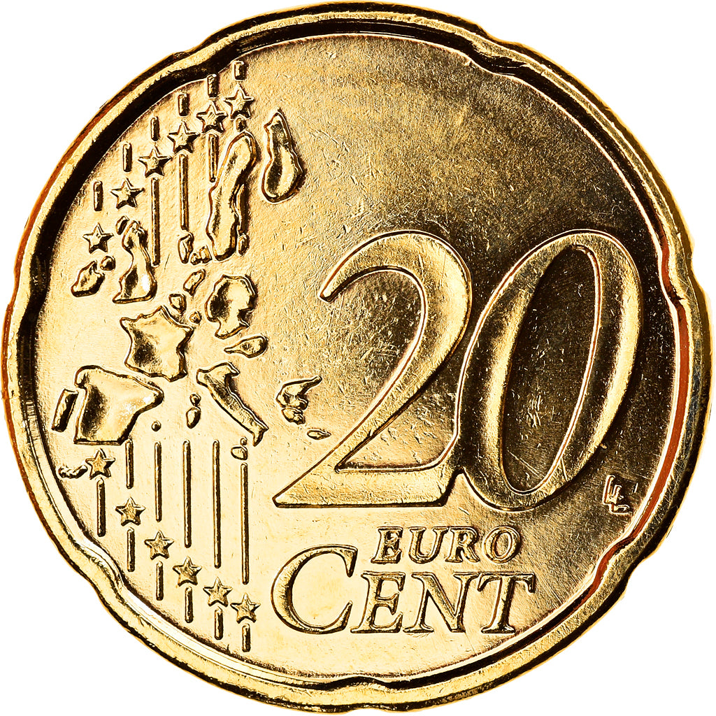 Finland, 20 Euro Cent, 2002, Vantaa, gold-plated coin, MS(65-70), Brass, KM:102