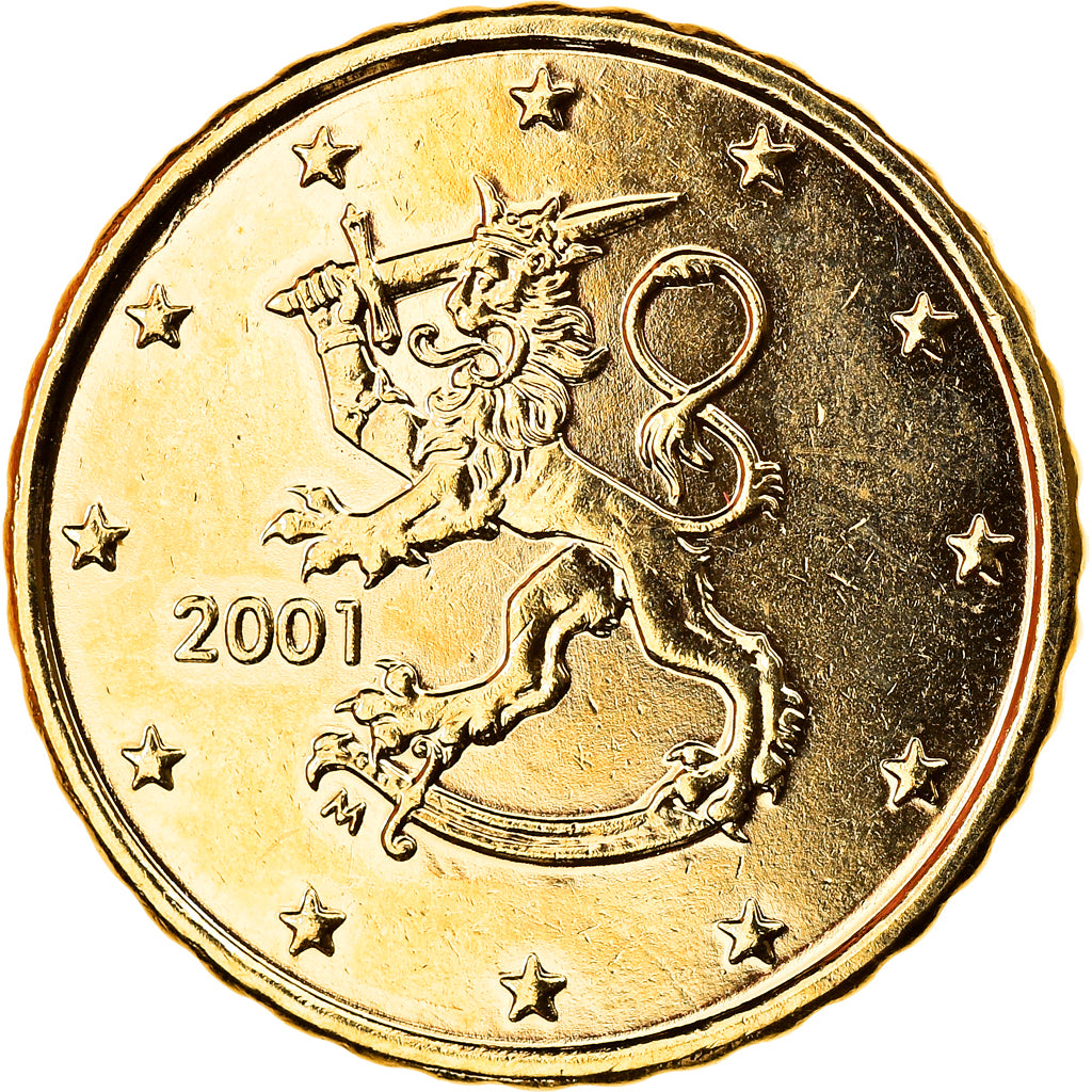 Finland, 10 Euro Cent, 2001, Vantaa, gold-plated coin, MS(64), Brass, KM:101