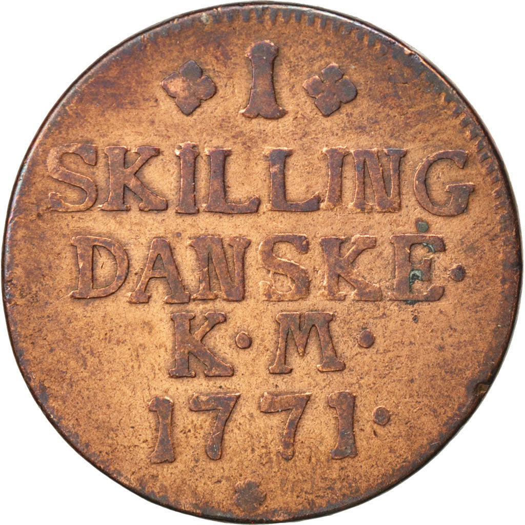DENMARK, Skilling, 1771, KM #616.1, VF(30-35), Copper, 29, 10.85