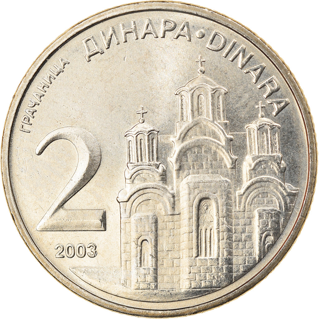 Coin, Serbia, 2 Dinara, 2003, MS(64), Copper-Nickel-Zinc, KM:35