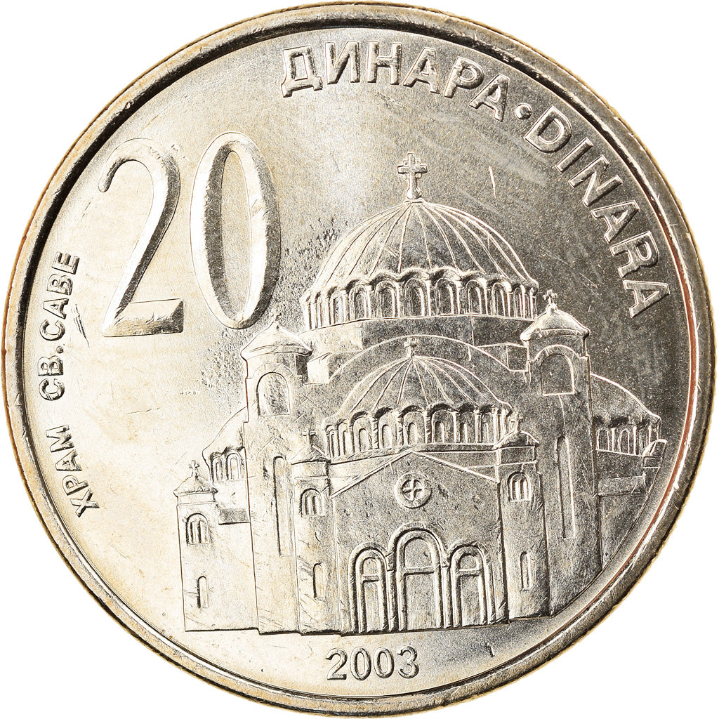 Coin, Serbia, 20 Dinara, 2003, MS(64), Copper-Nickel-Zinc, KM:38