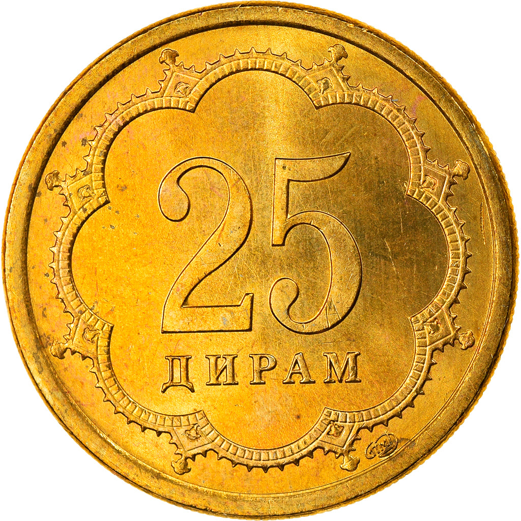 Coin, Tajikistan, 25 Drams, 2001, St. Petersburg, MS(64), Brass, KM:5.1