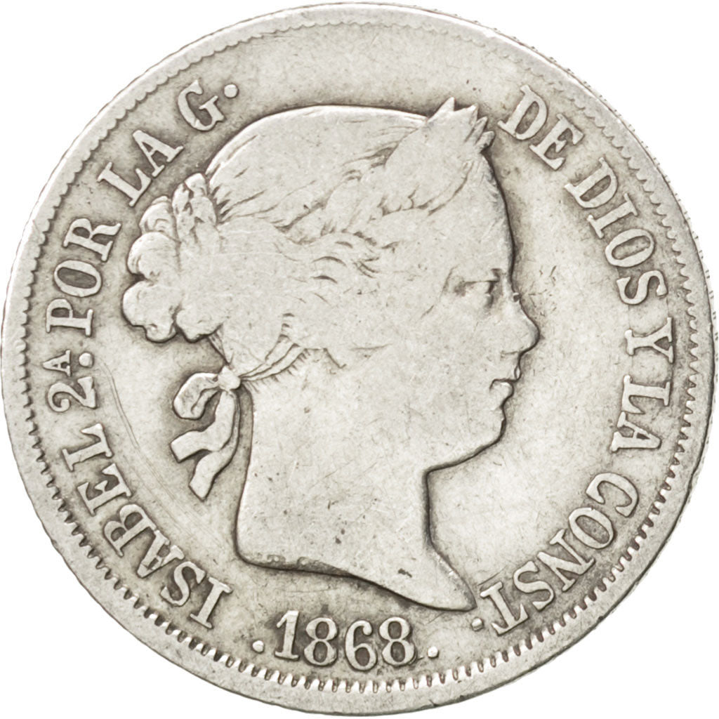 SPAIN, 40 Centimos, 1868, KM #628.2, F(12-15), Silver, 5.05