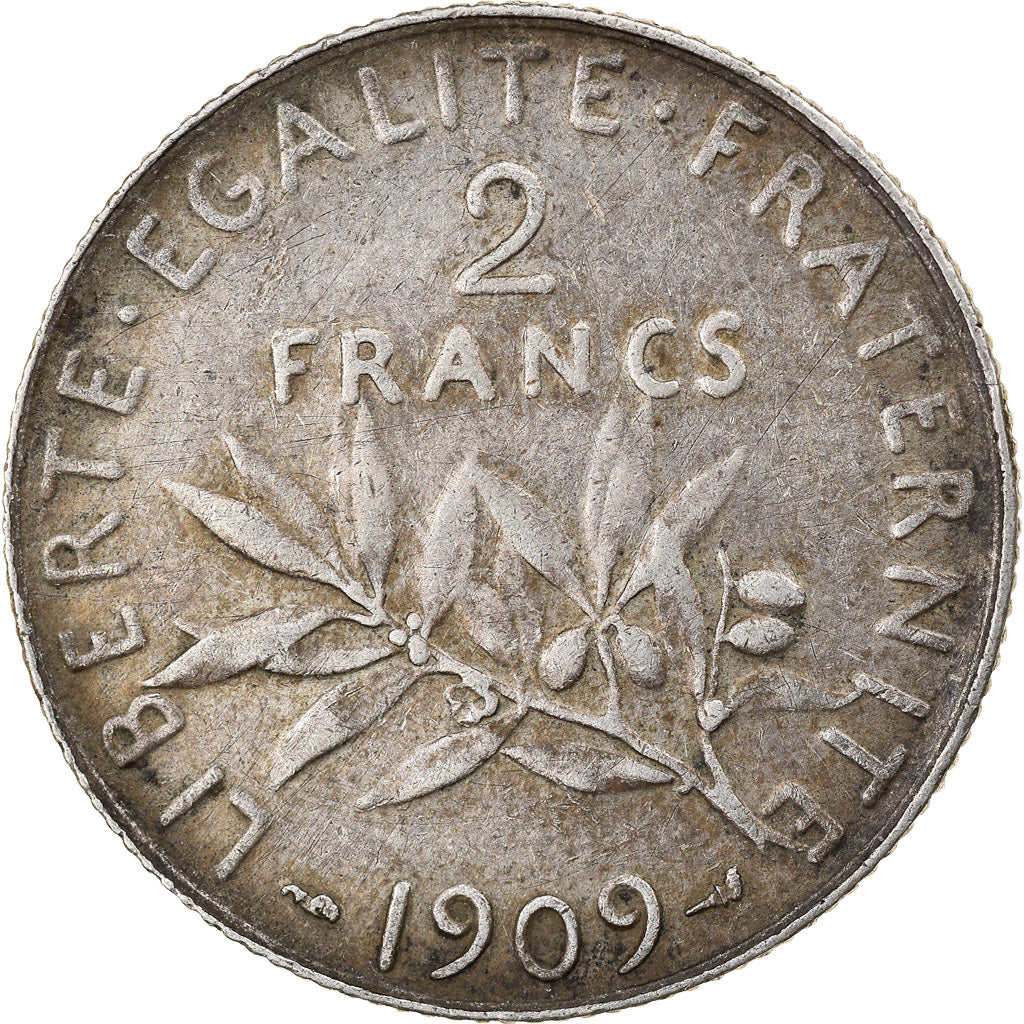 Moneta, Francia, Semeuse, 2 Francs, 1909, Paris, MB+, Argento, KM:845.1