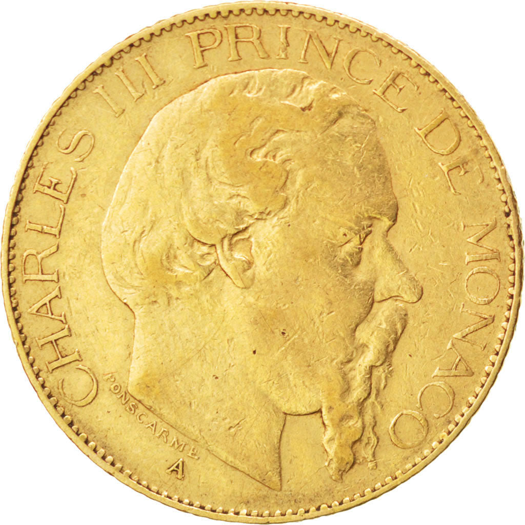 MONACO, 20 Francs, Vingt, 1879, Paris, KM #98, VF(20-25), Gold, Gadoury #120,...