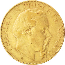 MONACO, 20 Francs, Vingt, 1879, Paris, KM #98, VF(20-25), Gold, Gadoury #120,...