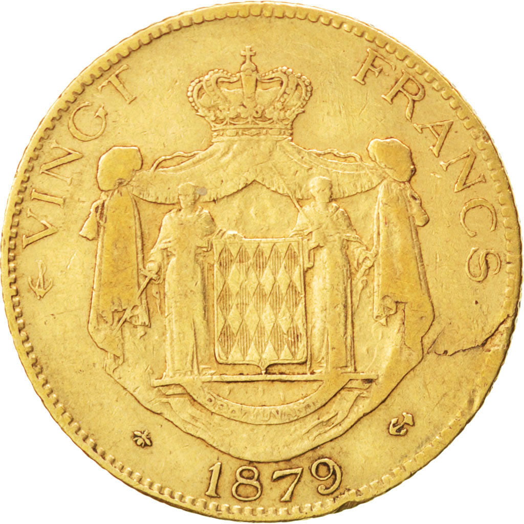 MONACO, 20 Francs, Vingt, 1879, Paris, KM #98, VF(20-25), Gold, Gadoury #120,...