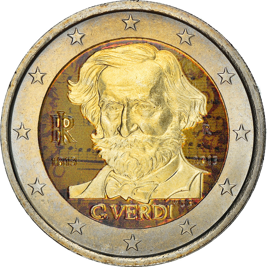 Italy, 2 Euro, Giuseppe Verdi, 2013, Colourized, MS(63), Bi-Metallic