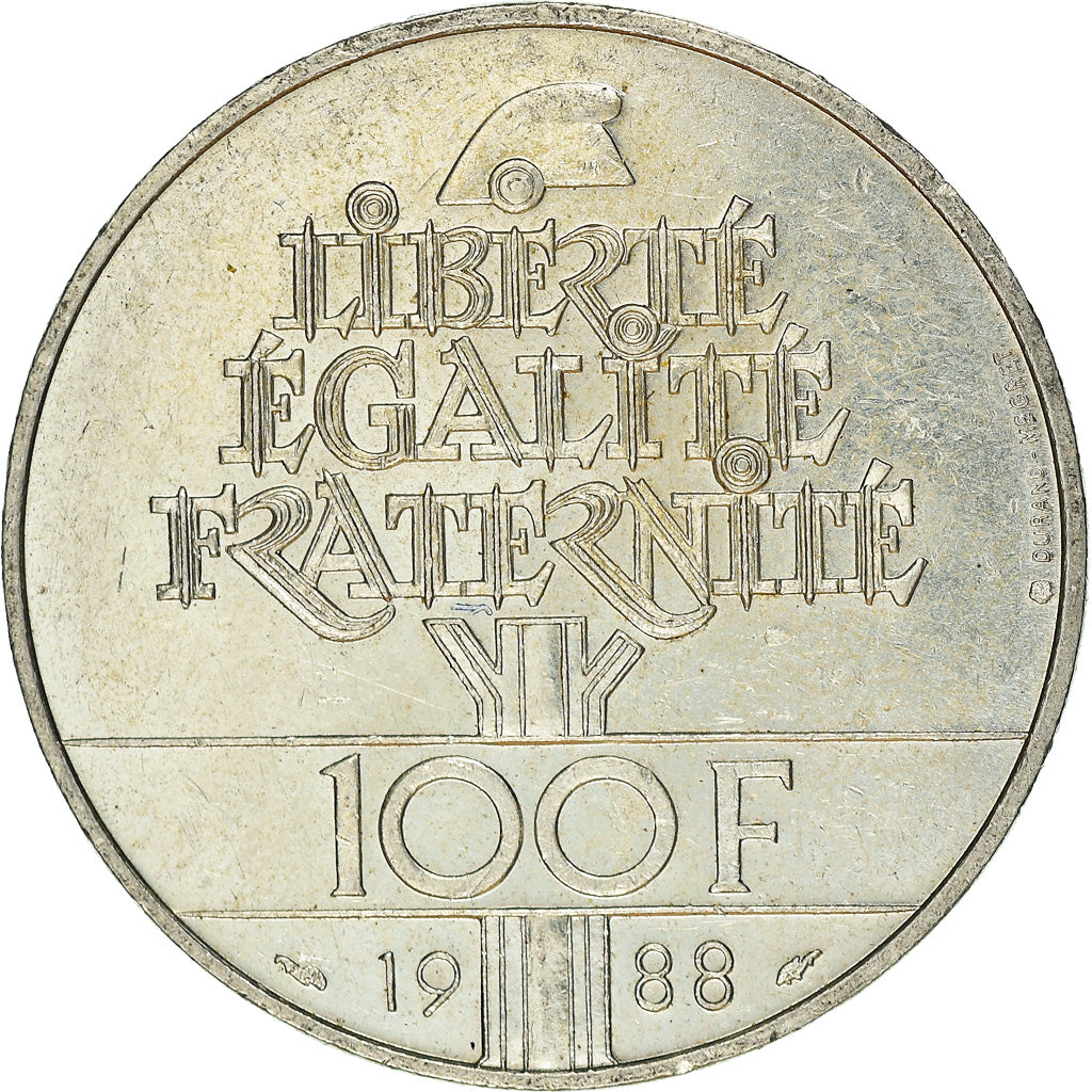 Coin, France, Fraternité, 100 Francs, 1988, EF(40-45), Silver, KM:966