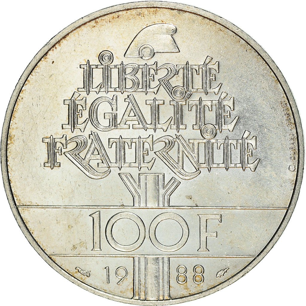 Coin, France, Fraternité, 100 Francs, 1988, EF(40-45), Silver, KM:966