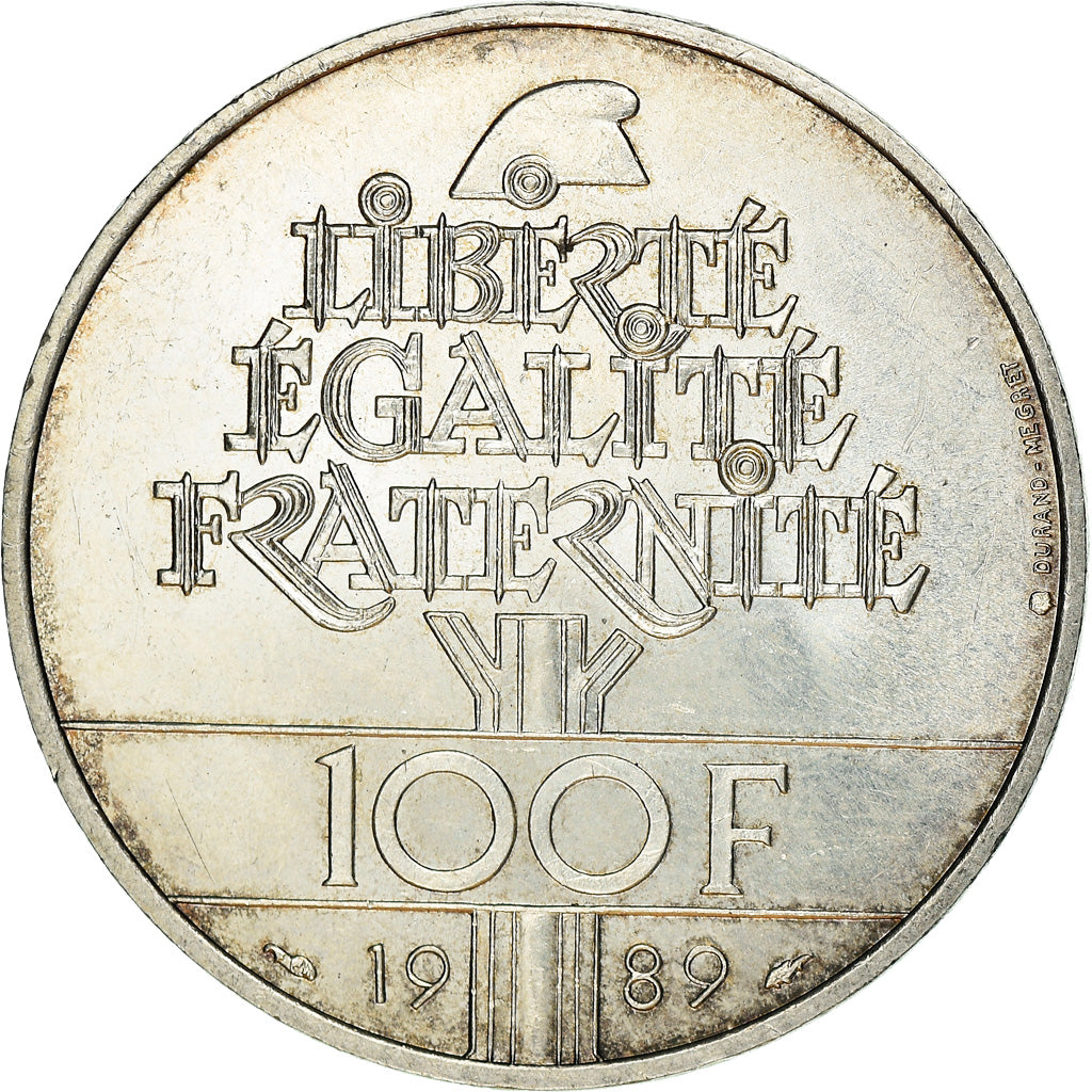 Moeda, França, Droits de l'Homme, 100 Francs, 1989, AU(55-58), Prata, KM:970