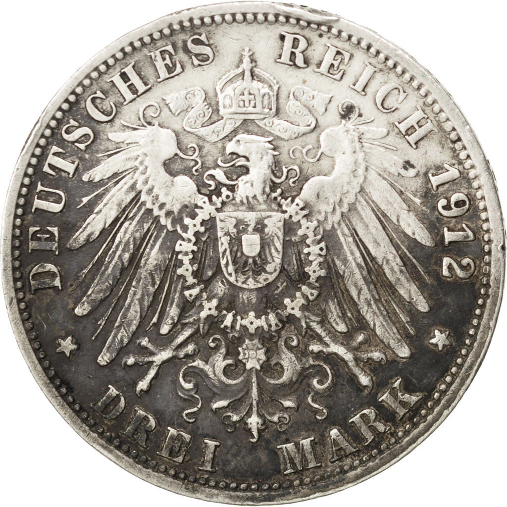 German States, 3 Mark, 1912, Freudenstadt, KM #635, EF(40-45), Silver, 33, 16.58