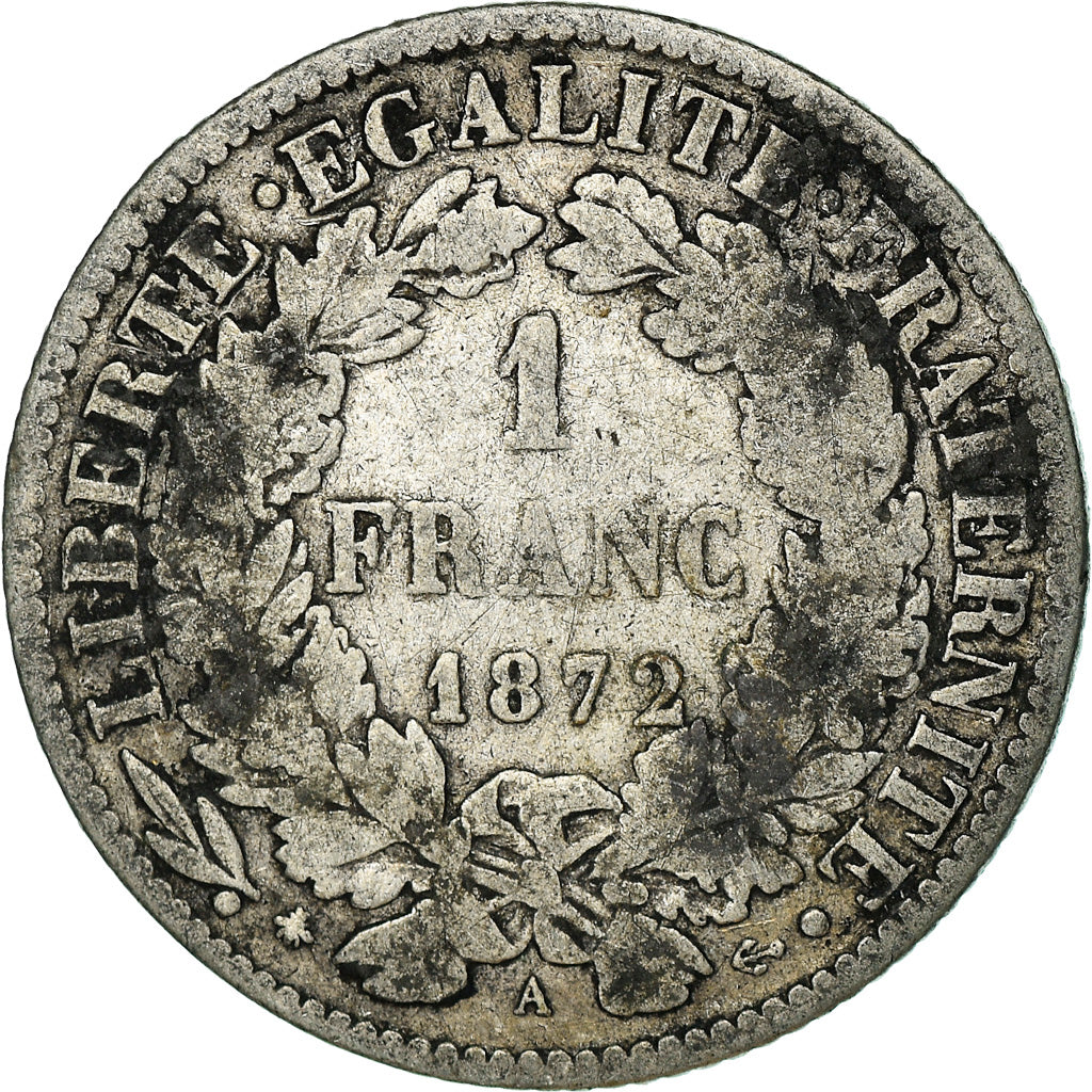 Monnaie, France, Cérès, Franc, 1872, Paris, TB, Argent, Gadoury:465a, KM:822.1