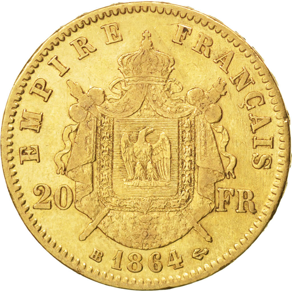 FRANCE, Napoléon III, 20 Francs, 1864, Strasbourg, KM #801.2, EF(40-45), Gold, G