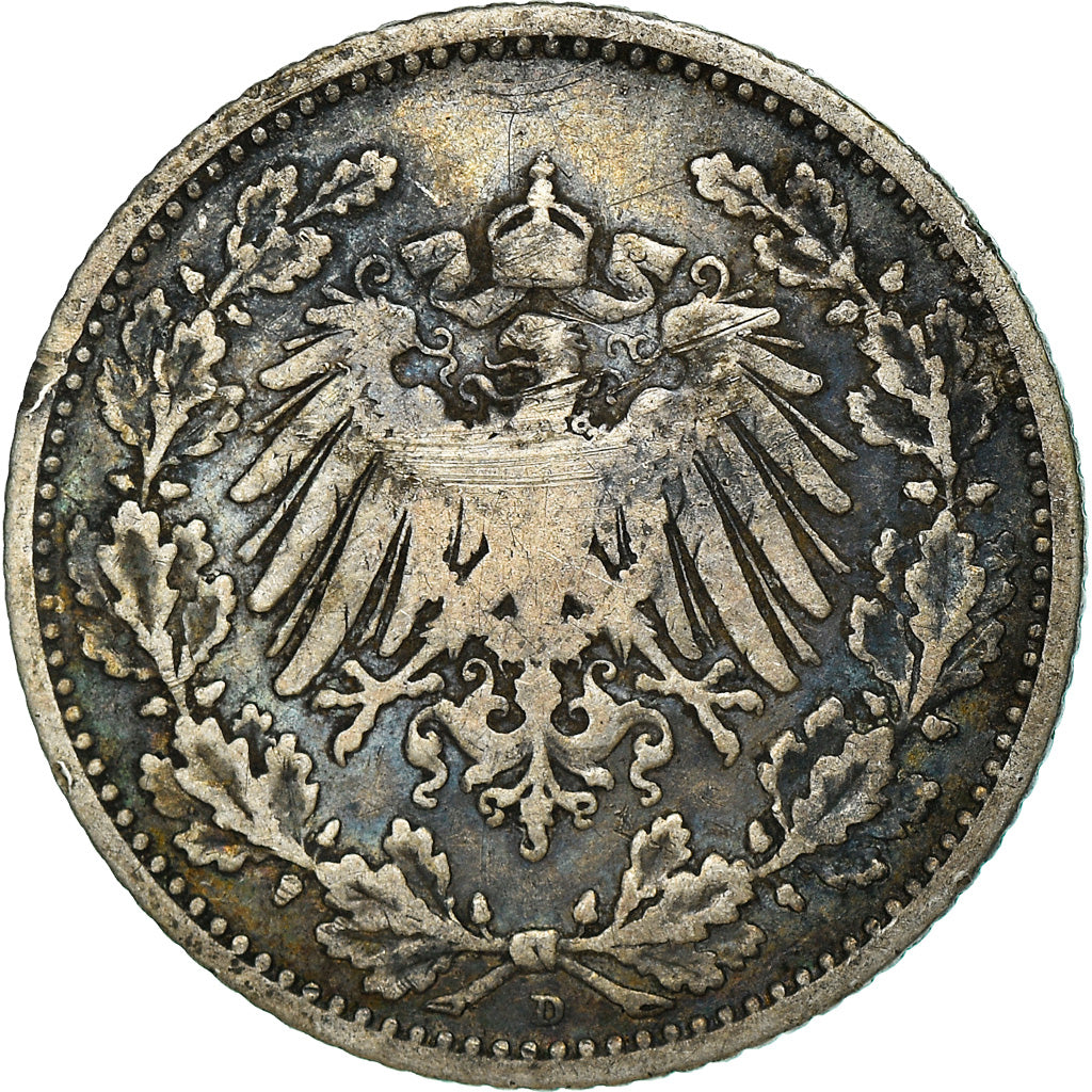 Coin, GERMANY - EMPIRE, 1/2 Mark, 1905, Munich, VF(30-35), Silver, KM:17