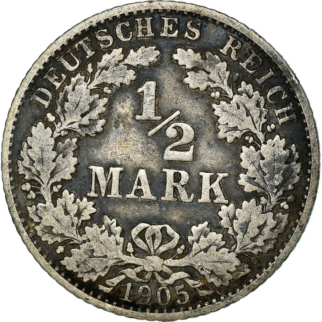 Coin, GERMANY - EMPIRE, 1/2 Mark, 1905, Munich, VF(30-35), Silver, KM:17