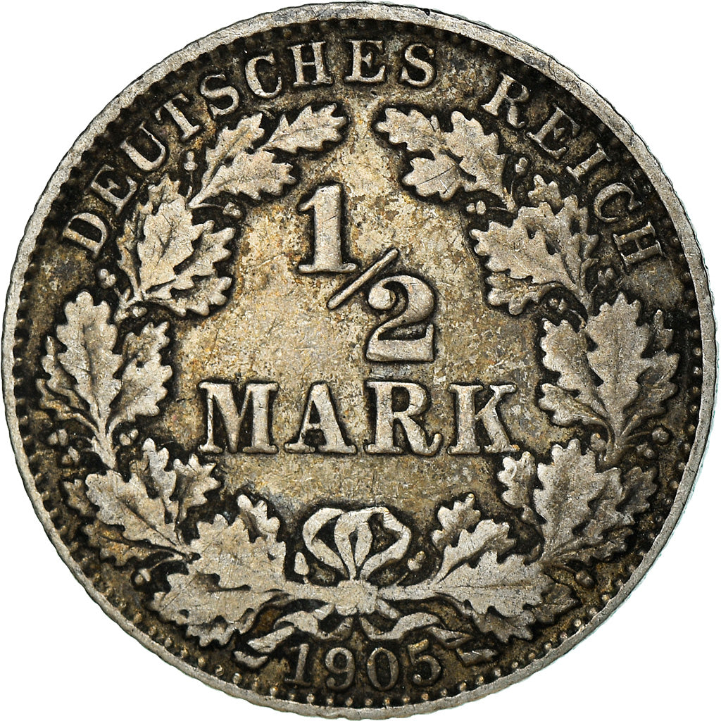 Coin, GERMANY - EMPIRE, 1/2 Mark, 1905, Munich, VF(20-25), Silver, KM:17