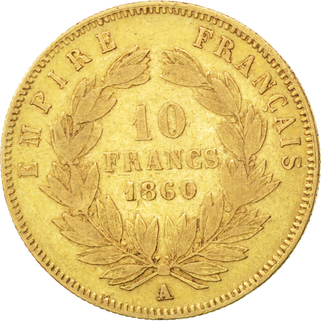 FRANCE, Napoléon III, 10 Francs, 1860, Paris, KM #784.3, VF(20-25), Gold, Gadour