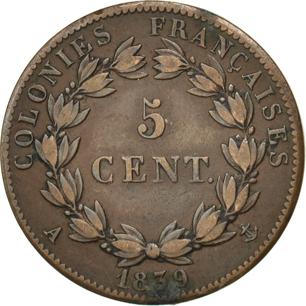 FRENCH COLONIES, 5 Centimes, 1839, Paris, KM #12, EF(40-45), Bronze, Lecompte...