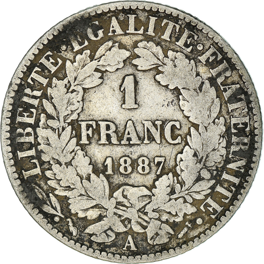 Moeda, França, Cérès, Franc, 1887, Paris, VF(30-35), Prata, KM:822.1
