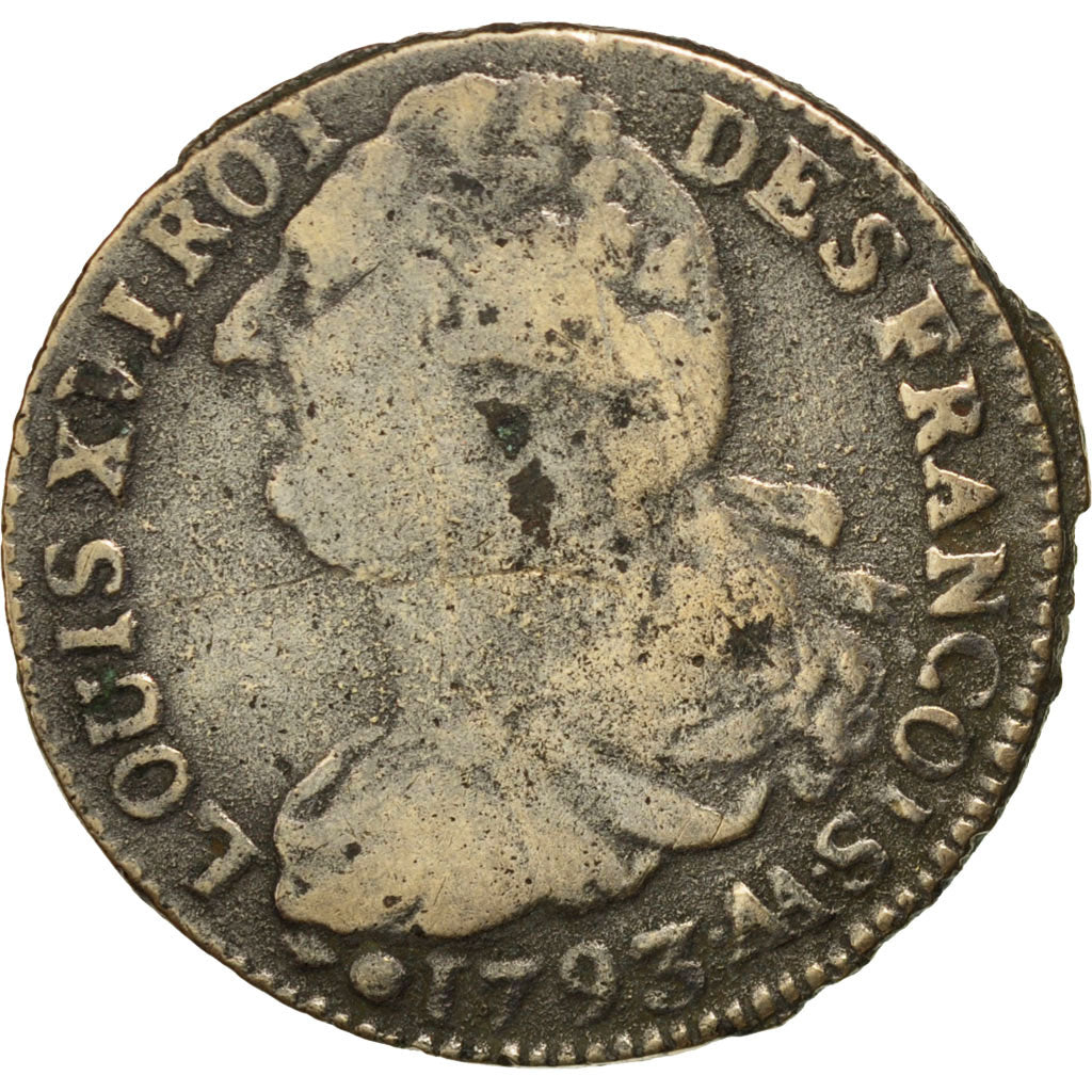 FRANCE, 2 sols françois, 2 Sols, 1793, Metz, KM #603.2, VF(20-25), Bronze, G...