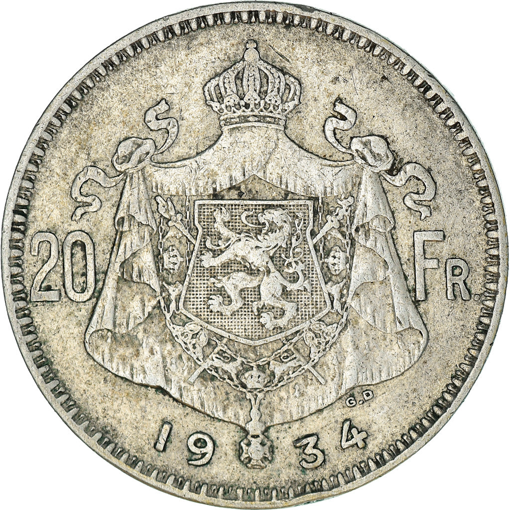 Coin, Belgium, Albert I, 20 Francs, 20 Frank, 1934, EF(40-45), Silver, KM:104.1