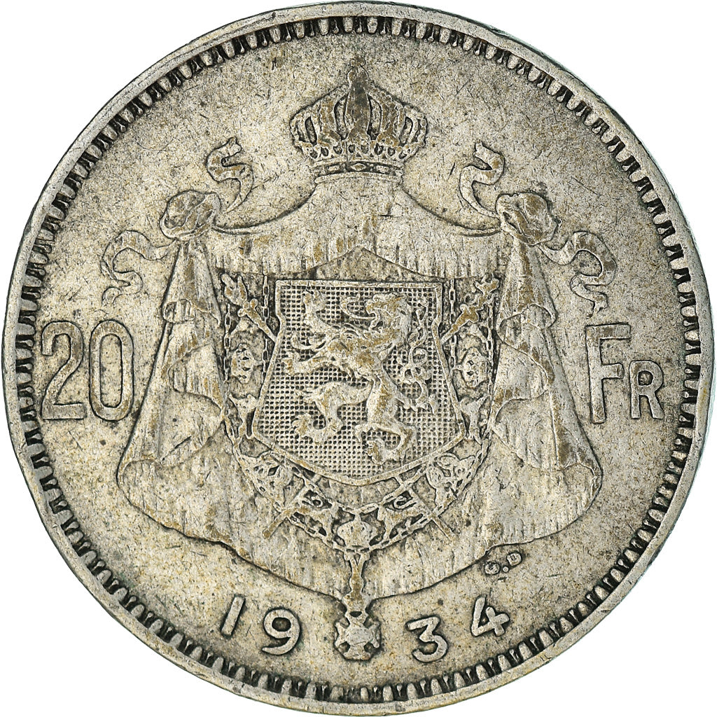 Coin, Belgium, Albert I, 20 Francs, 20 Frank, 1934, EF(40-45), Silver, KM:104.1