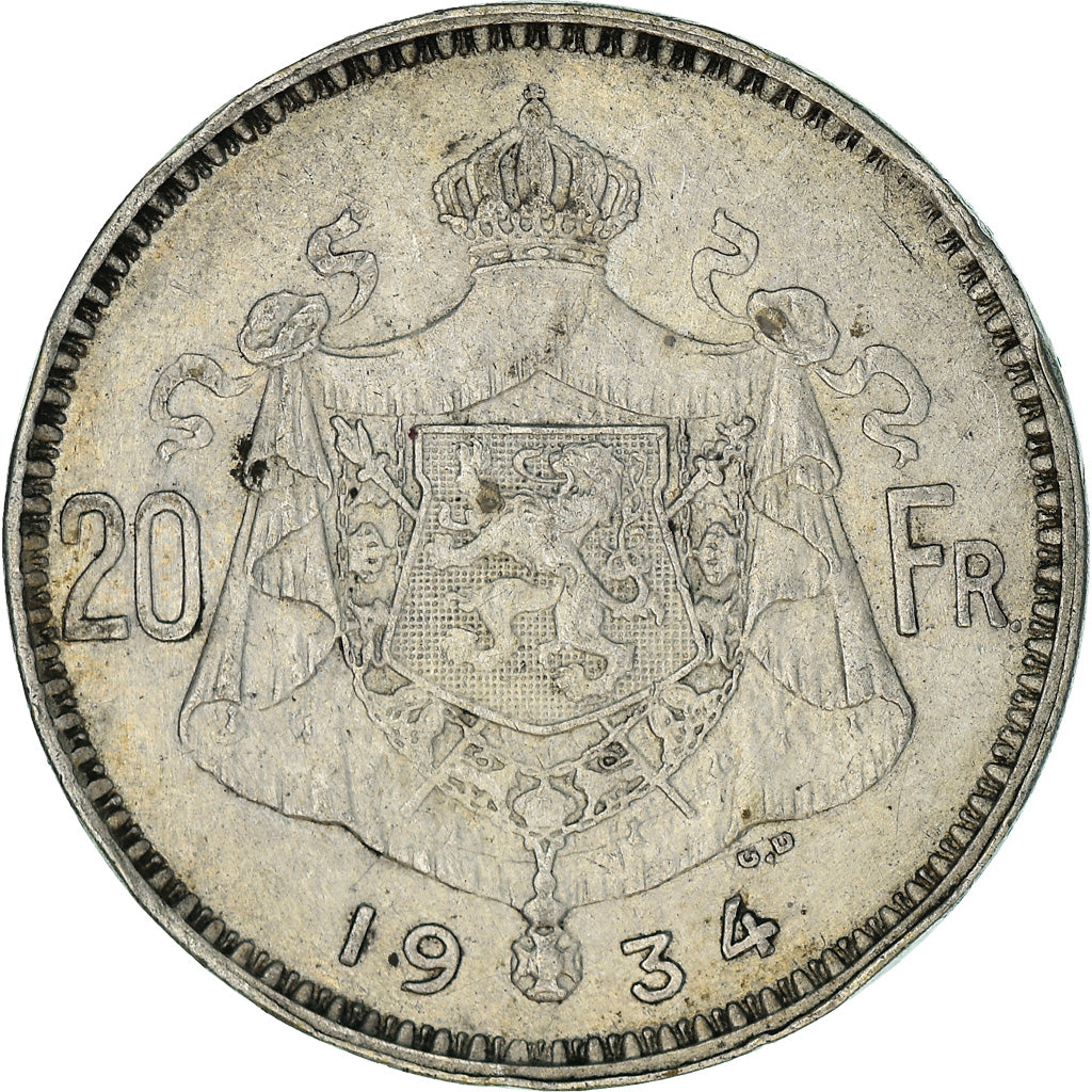 Monnaie, Belgique, Albert I, 20 Francs, 20 Frank, 1934, TB+, Argent, KM:104.1