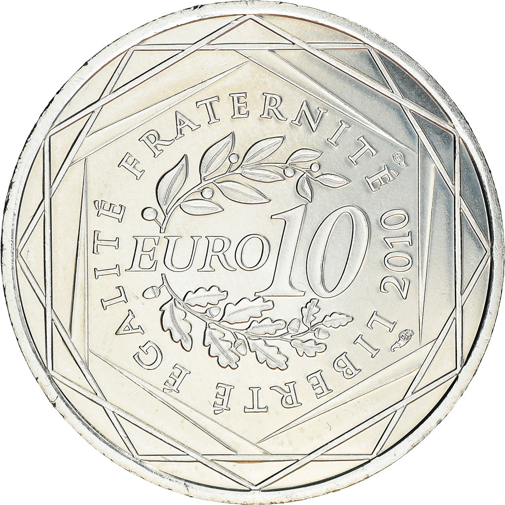 França, 10 Euro, 2010, Paris, MS(63), Prata, KM:1656