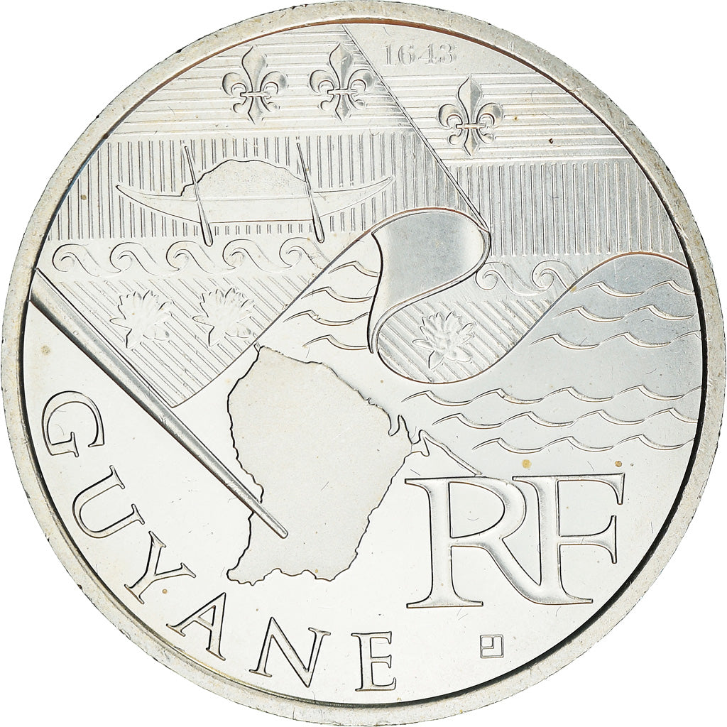 França, 10 Euro, 2010, Paris, Guyane, MS(64), Prata, KM:1654