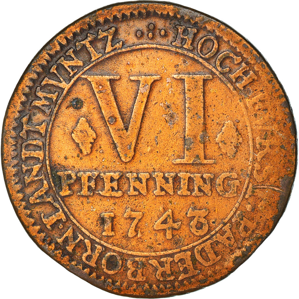 Coin, German States, PADERBORN, Clemens August, 6 Pfenning, 1743, M, VF(30-35)